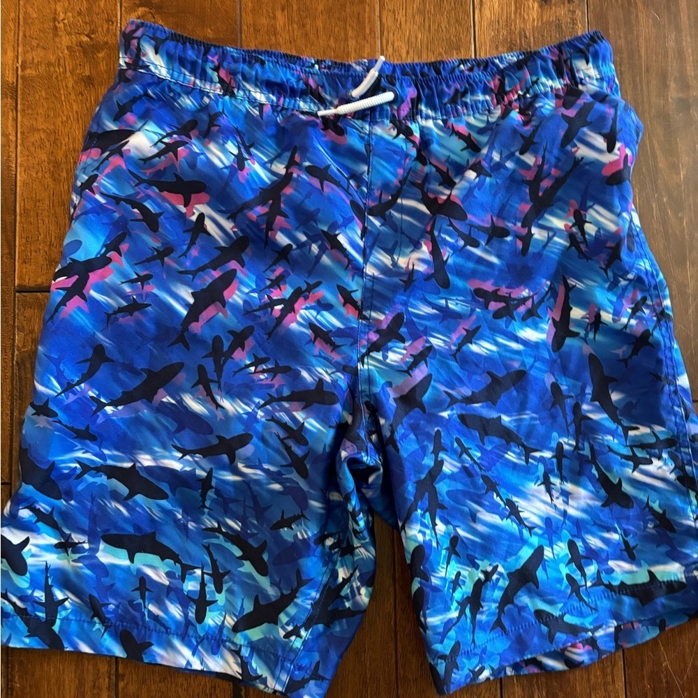 Men’s Lands End Blue Shark Print Swim Shorts sz XXL